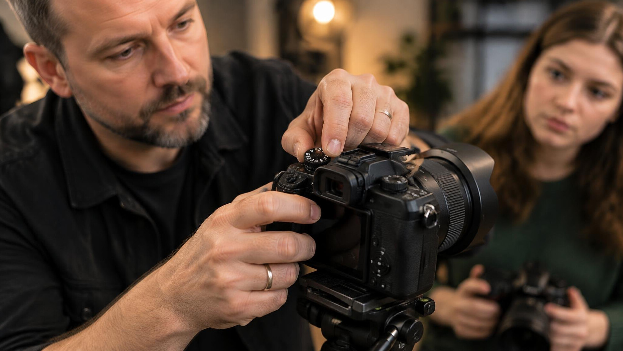 Instructor adjusting camera settings during a hands-on training session