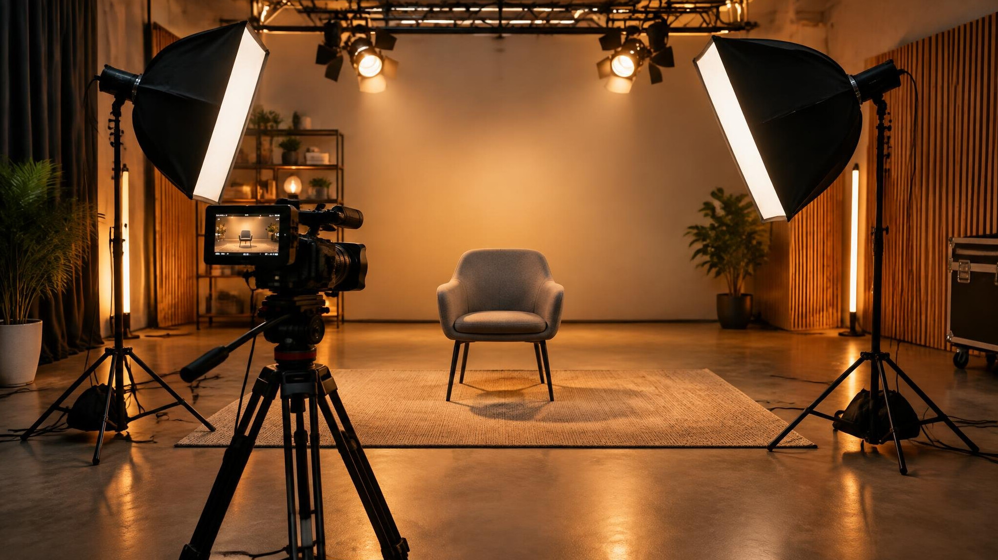 Empty studio set with professional lighting rig and camera