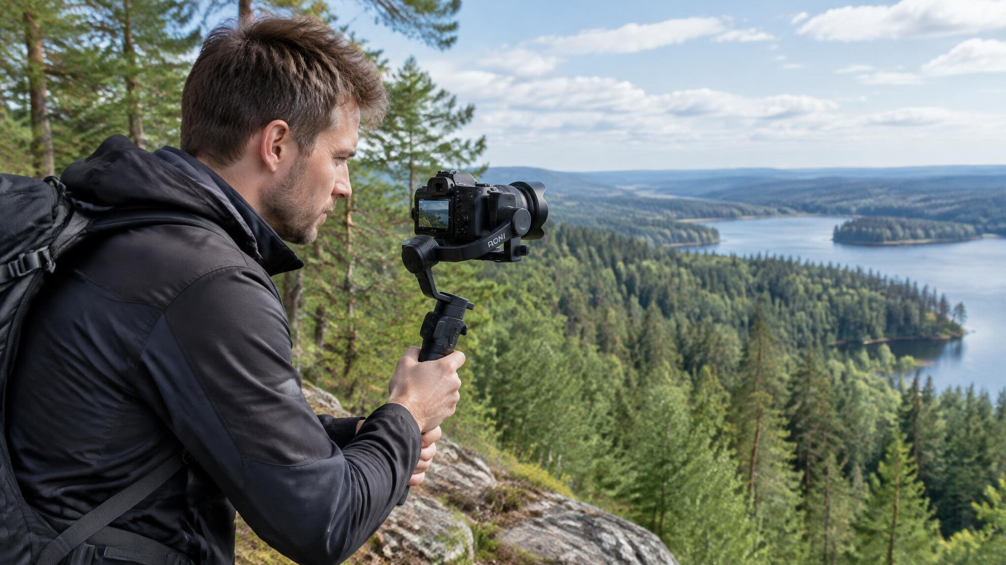 Operator shooting an outdoor scene with a gimbal stabilizer