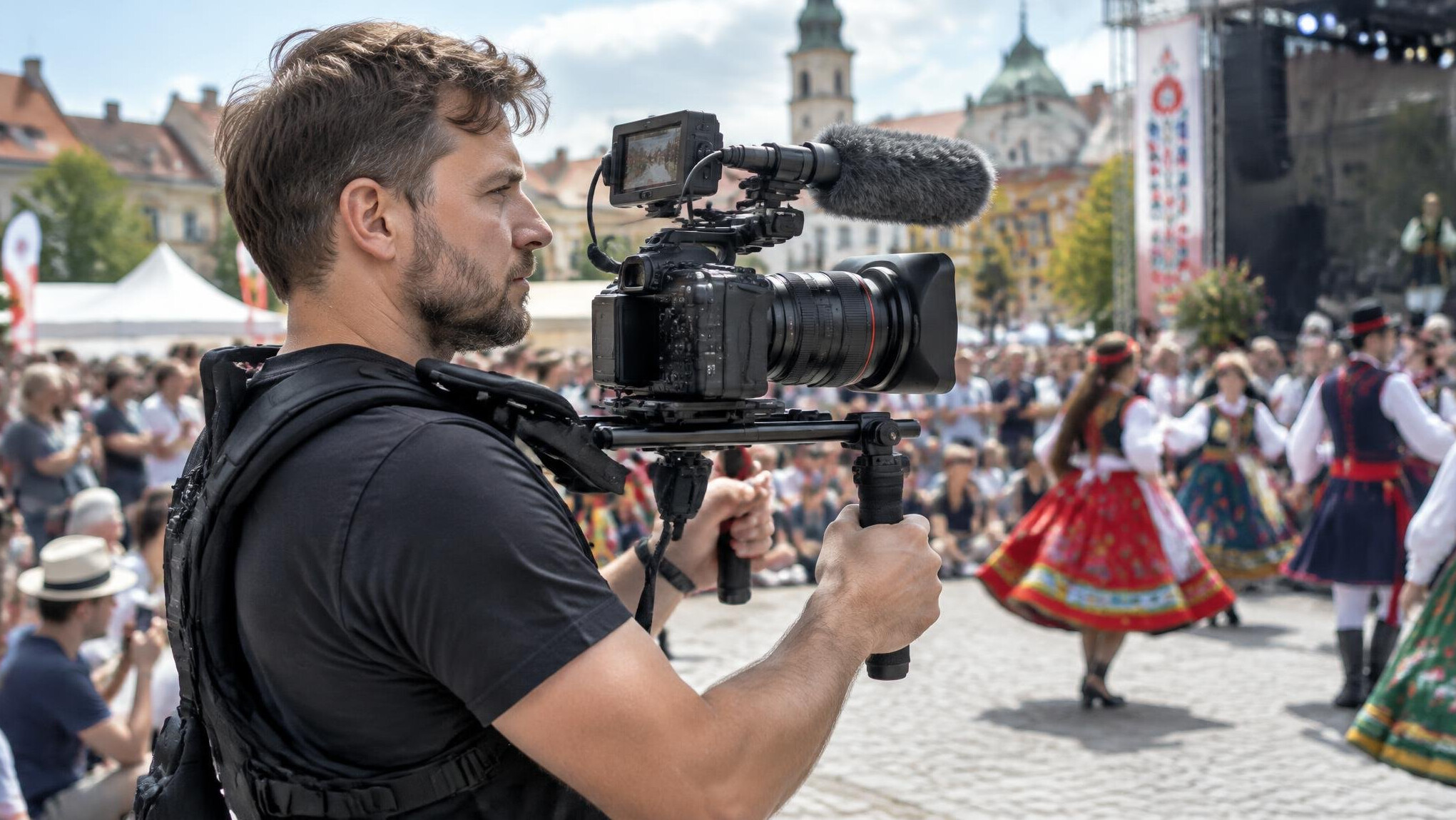 Crowd at a cultural event being filmed by a videographer