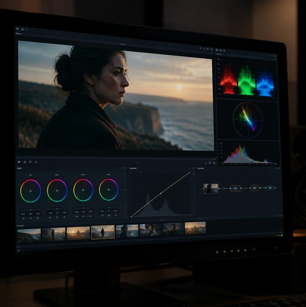 Color grading session on a professional monitor