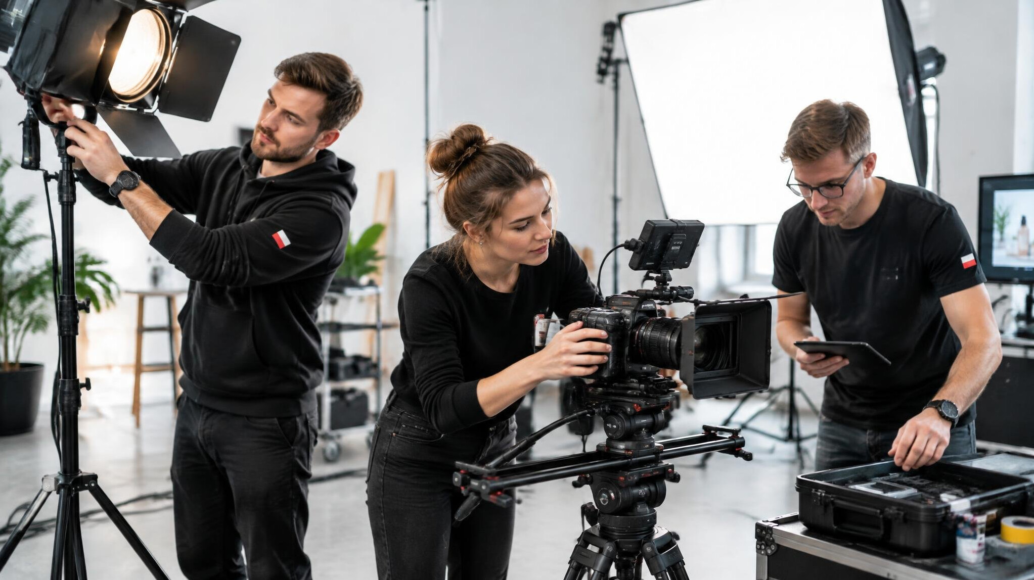Film crew setting up lighting for a commercial video shoot