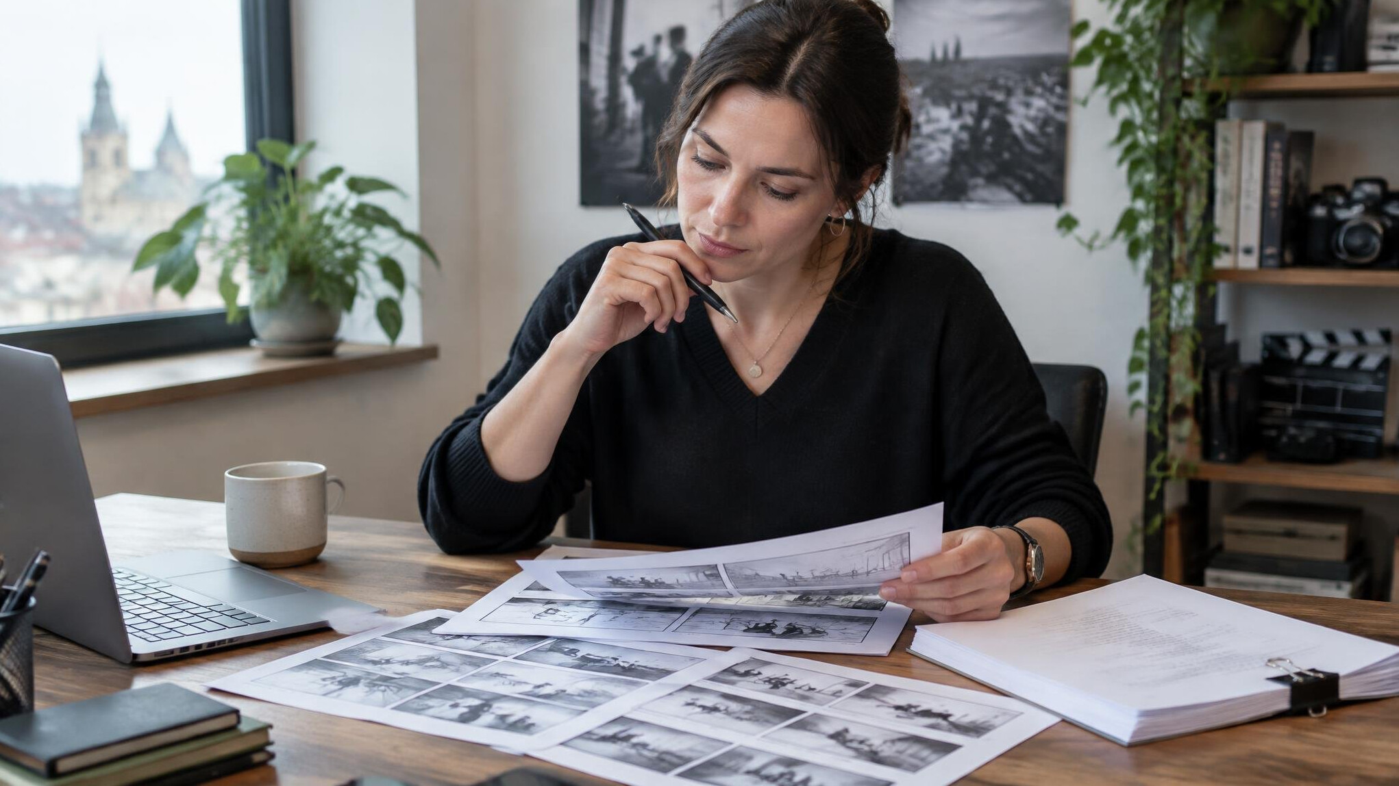 Producer planning a storyboard at a desk with script pages