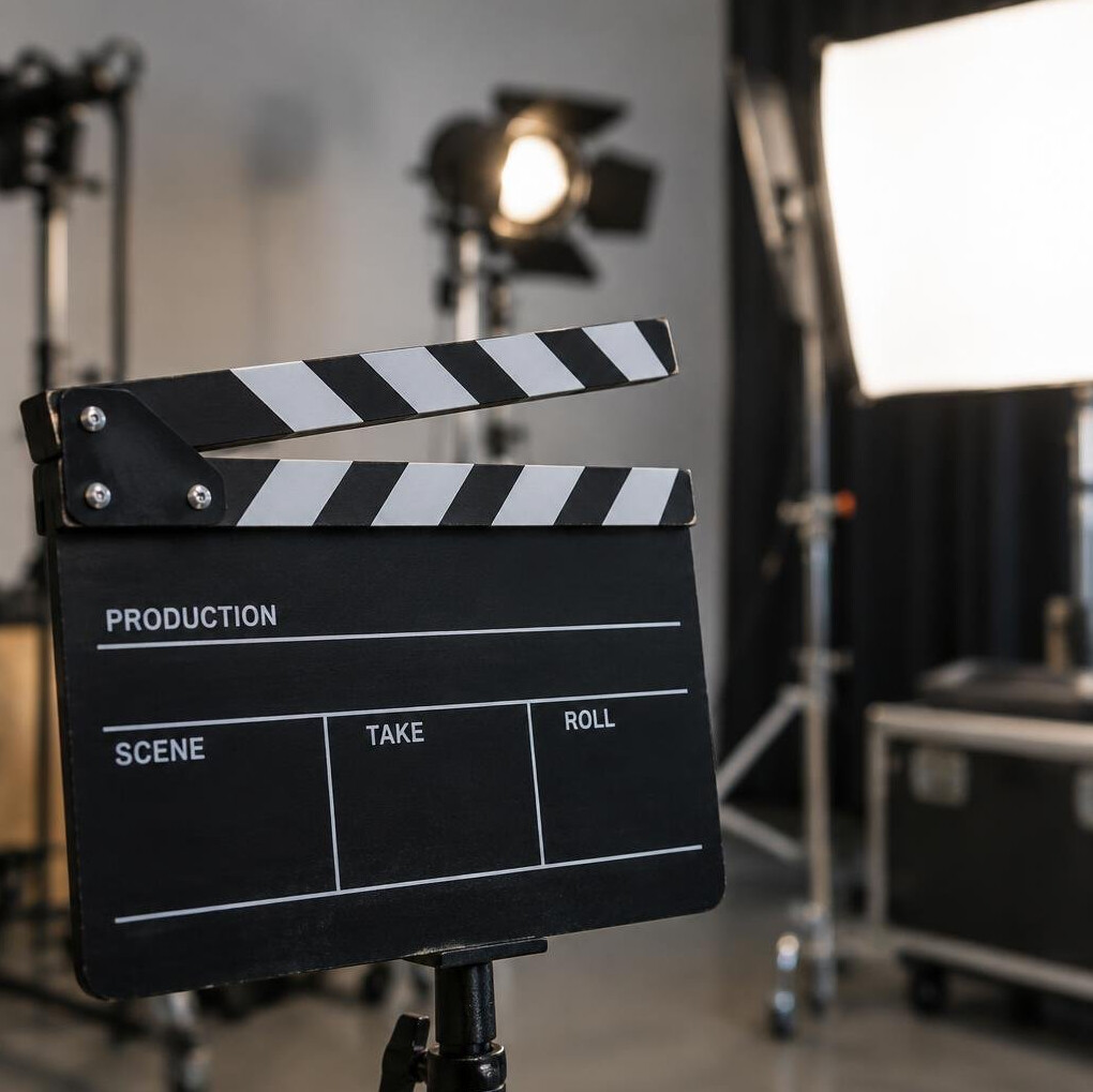 Clapperboard on a film set with lighting rig in the background