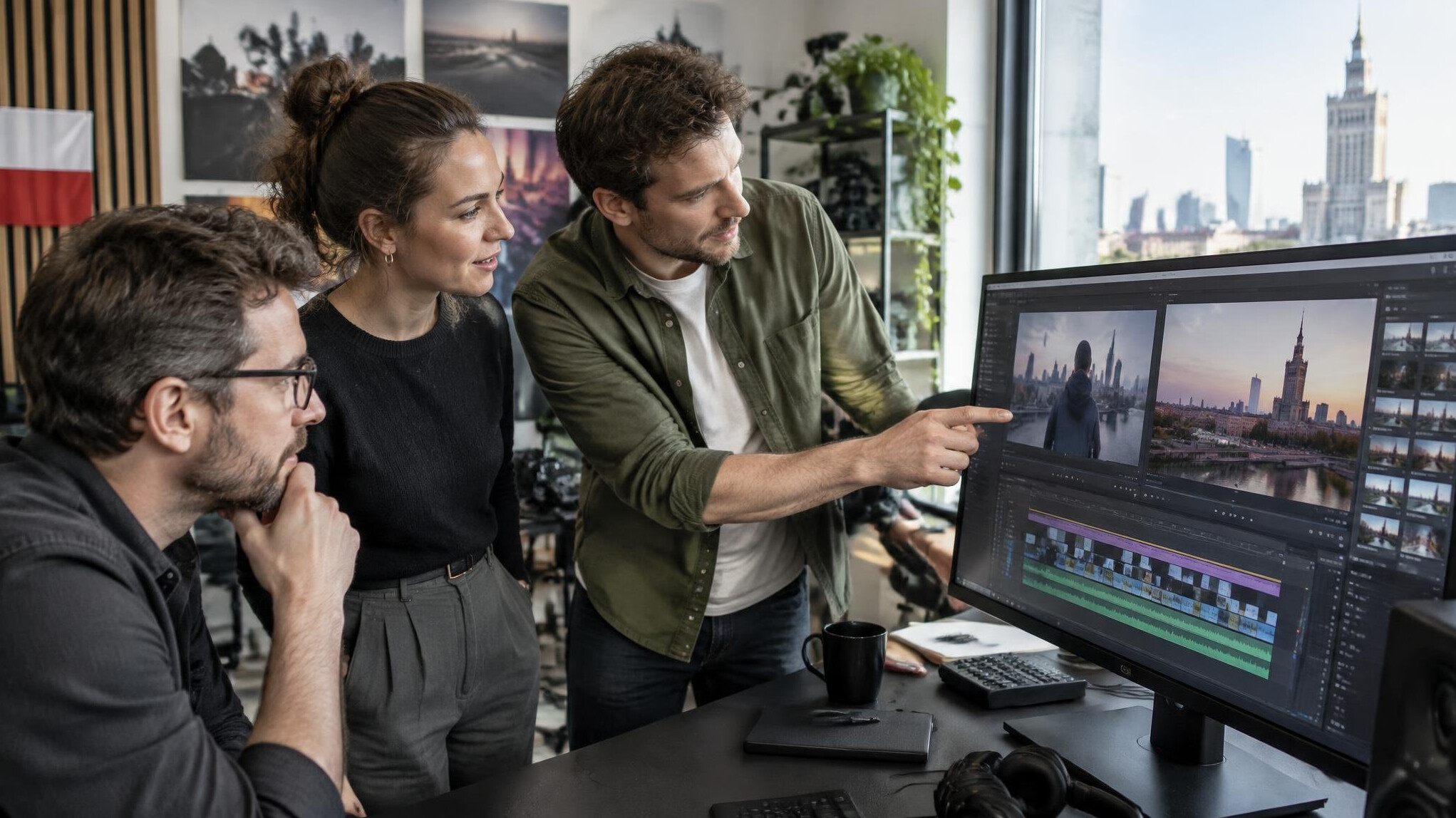 Production team reviewing footage together in an editing studio