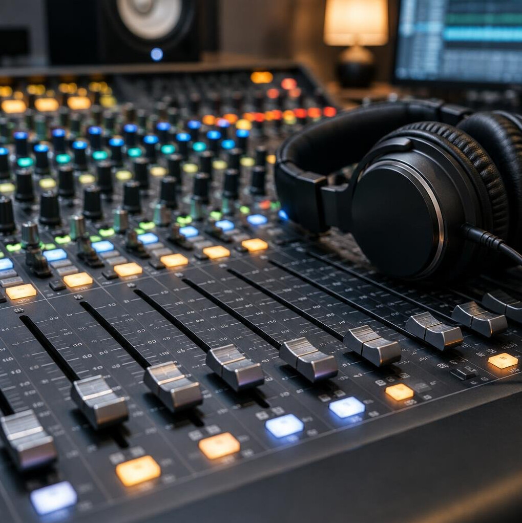Sound engineer mixing audio on a recording desk