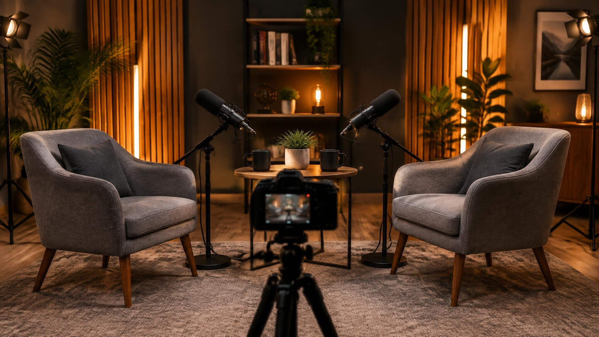Interview studio setup with microphones and camera facing two chairs