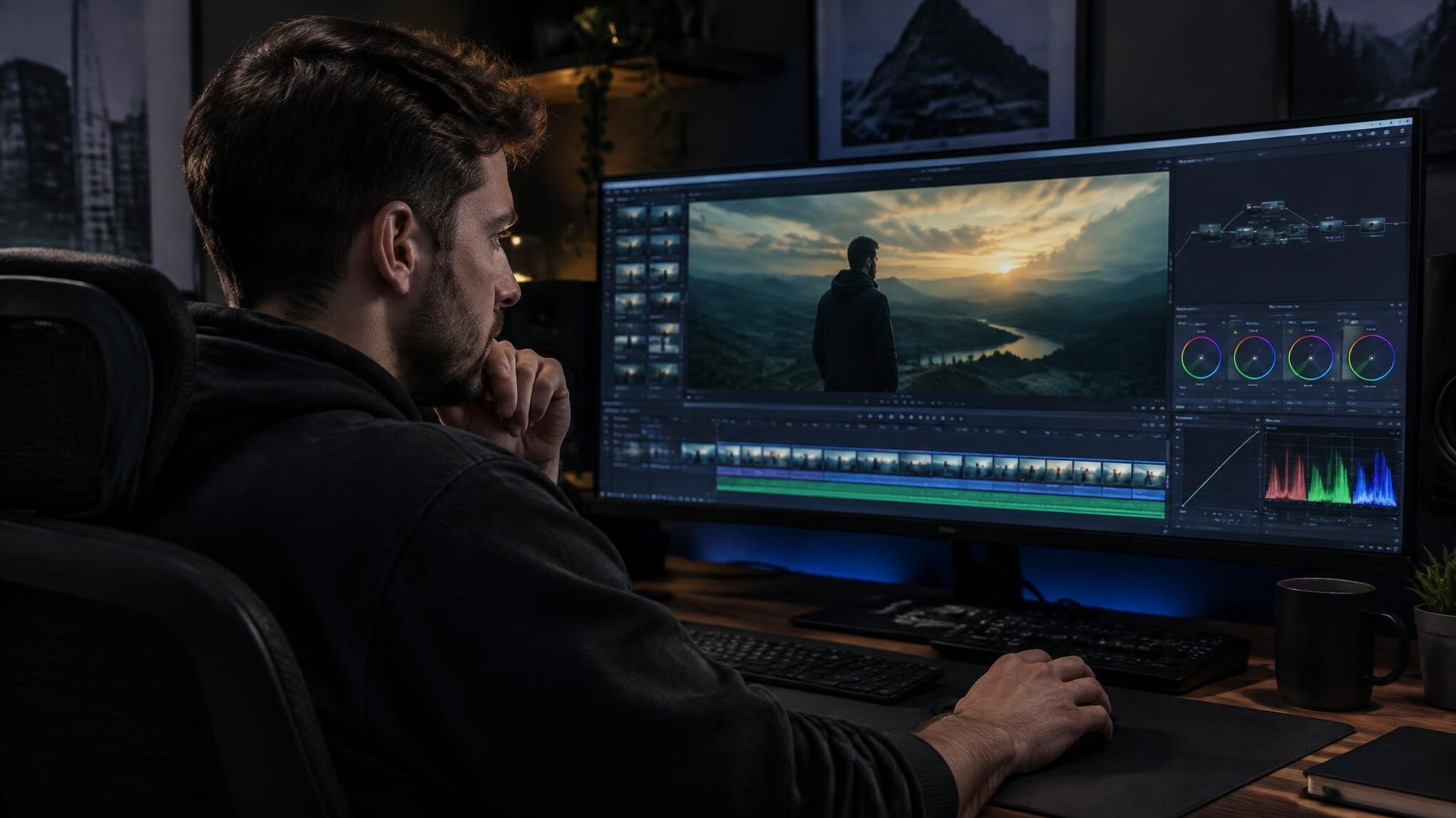 Editor color grading footage on a widescreen monitor