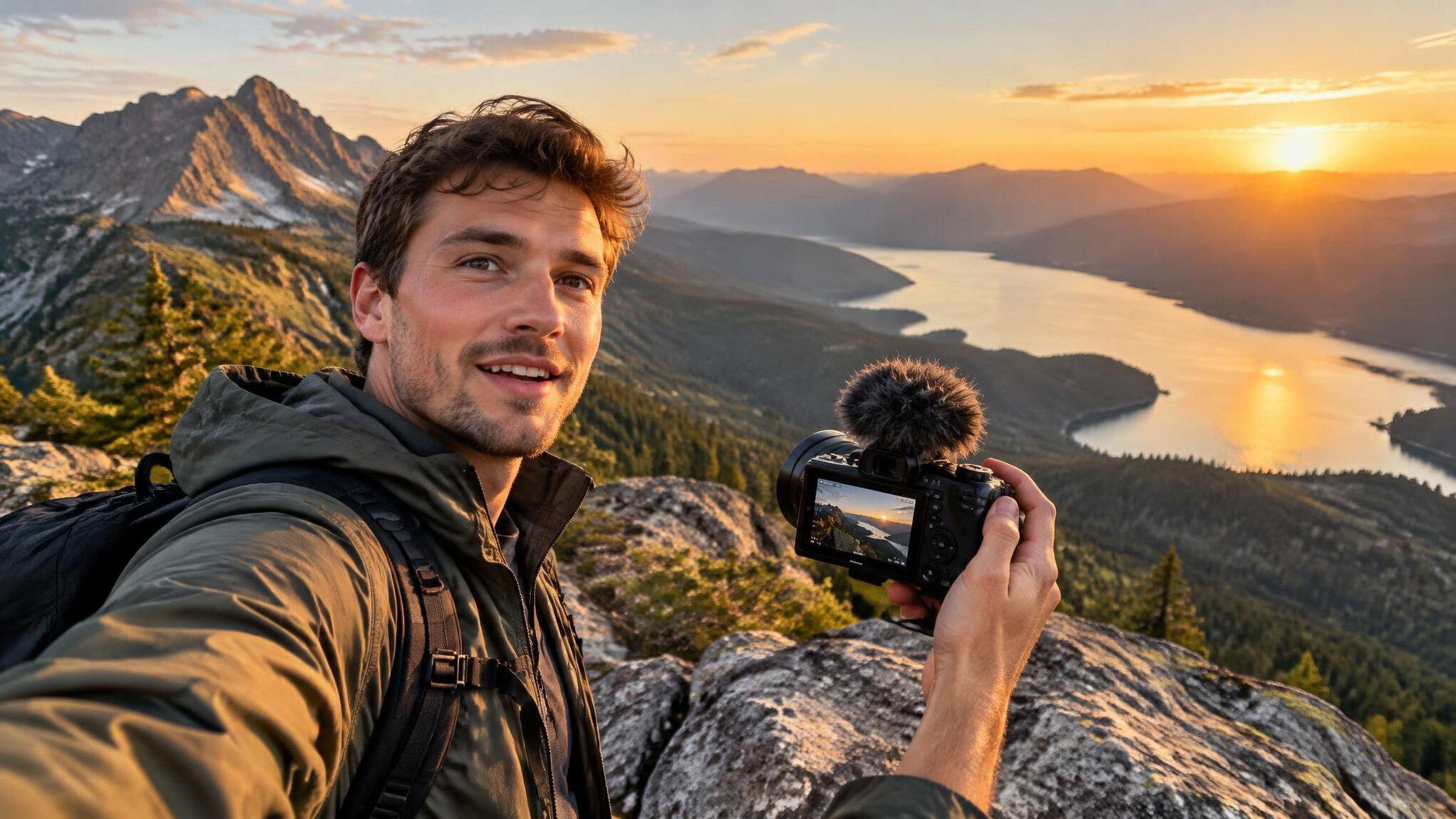 Traveler filming a scenic viewpoint for a travel vlog