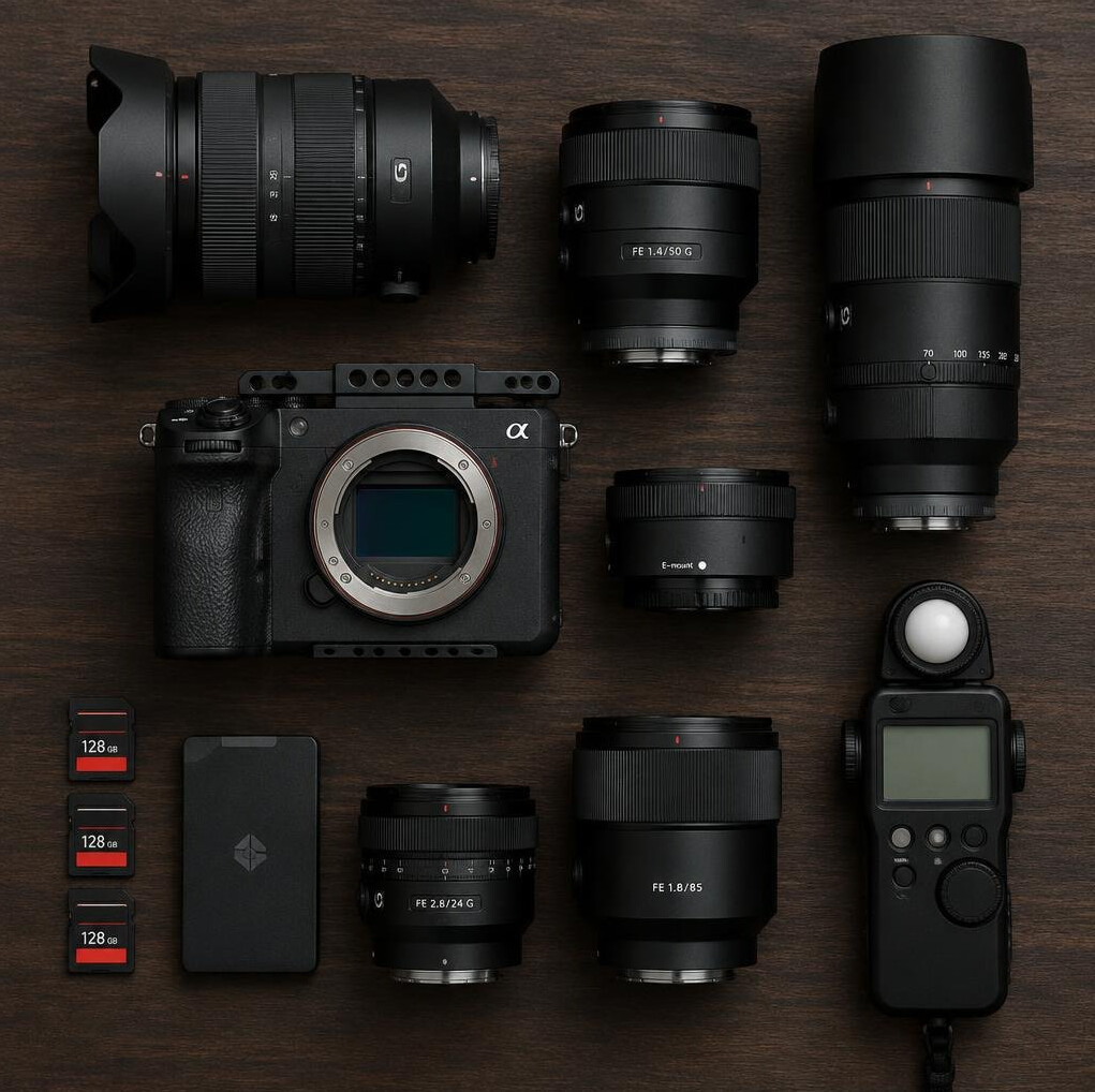 Professional video camera equipment laid out on a table