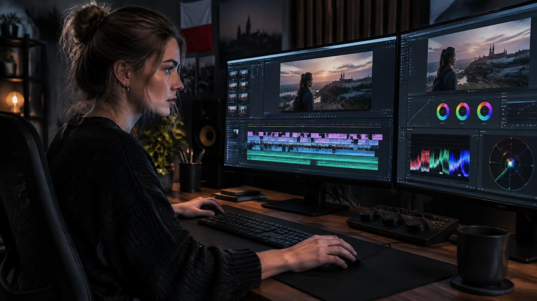 Video editor working on a timeline with multiple monitors